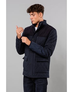 Navy Diamond Quilted Jacket With Corduroy Detail