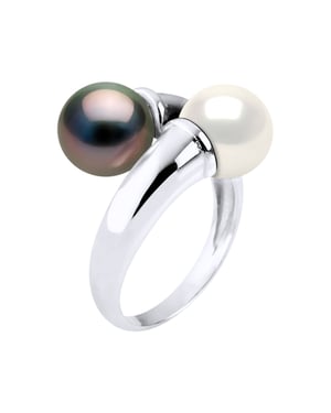 Ring You & Me Prestige of Silver 925 Rhodium plated adorned with Real Cultured Tahiti Pearls and FRESHWATERCOLOR NATURAL WHITE- 8-9 mm