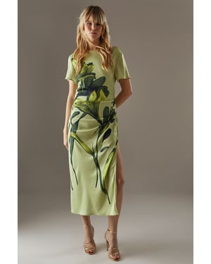 Placement Print Crinkle Satin Ruched Midi Dress