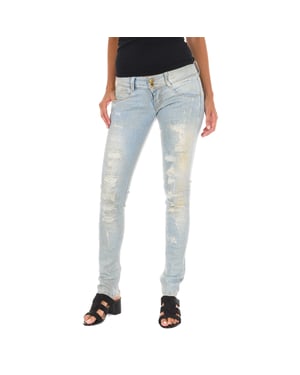 Long Denim Pants worn and torn effect 10DB50130 woman