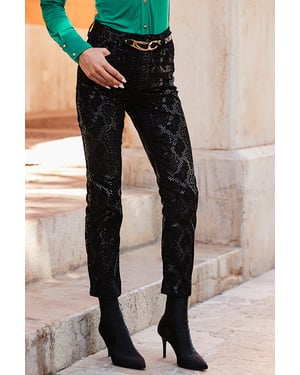 Black Textured Animal Print Coated Slim Leg Jeans