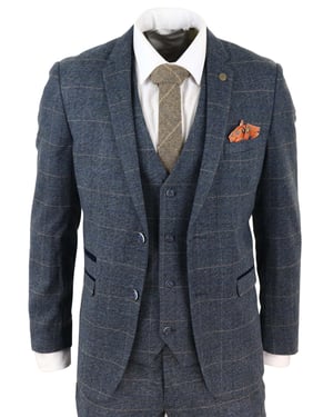 Heren 3-delig blauw tweed geruit vintage pak