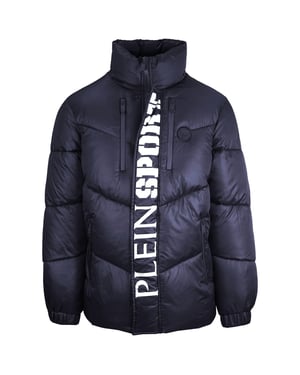 Plein Sport Bold Vertical Logo Shiny Padded Navy Blue Jacket