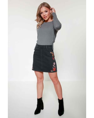 Black Embroidered Flower Black Denim Mini Skirt