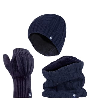 Heat Holders - Womens Thermal Winter Fleece Hat, Neck Warmer and Converter Gloves set - Navy