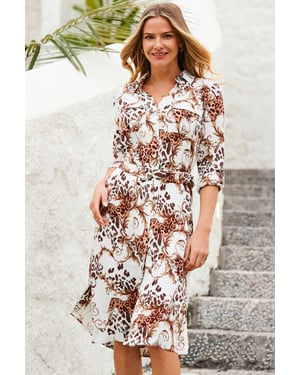 Ivory Multi Print Belted Shirt Dress