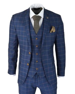 Mens 3 Piece Suit Blue Gold Check Peaky Blinders 1920 Gatsby Smart Vintage Suit