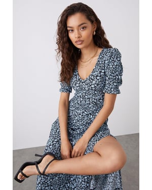 Petite Blue Floral V Neck Midi Dress