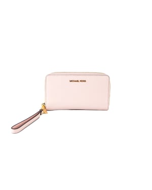 Michael Kors Jet Set Stor Signatur Läder Platt Multifunktionell Telefonhandledsväska Plånbok (Pulver Rosa Enfärgad/Guld)