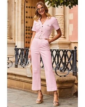 Pink D Ring Belt Culotte Denim Jumpsuit