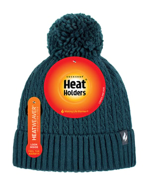 Ladies Thermal Cable Beanie Mössa | Värmehållare | Vinterstickad Pom Pom Mössa | Mjuk ribbad Bobble Mössa - Teal
