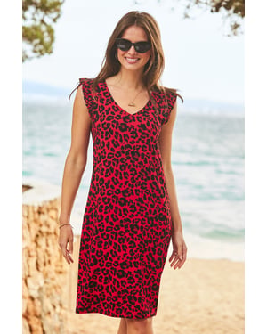 Red & Black Animal Print Frill Sleeve Shift Dress