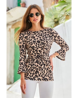Leopard Print Twist Front Fluted Sleeve Jersey Top
