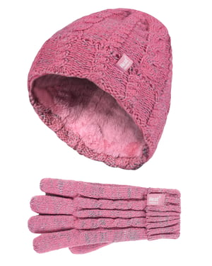 Heat Holders - Kids Girls Cute Cable Knitted Warm Fleece Lined Pompom Winter Hat and Gloves Set with Bobble - CS4P14