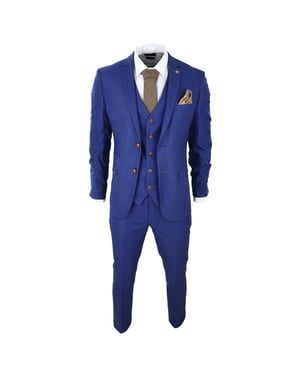 Mens Blue Brown Check 3 Piece Tailored Fit Suit