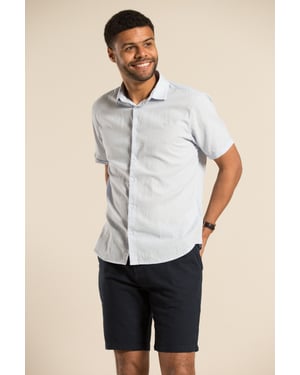 Blue Linen Short-Sleeve Button-Down Shirt
