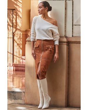 Tan Suede Zip Front Pocket Detail Pencil Skirt