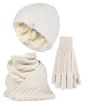 Ladies Knitted Hat Scarf & Gloves Set | Heat Holders | Womens Fleece Lined Thermal Cold Weather Set for Winter - Cream