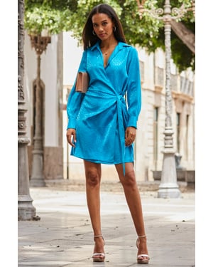 Azure Blue Satin Jacquard Wrap Dress