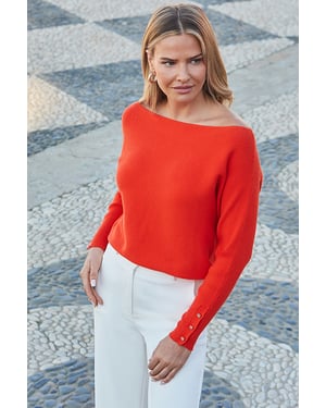 Orange Rib Batwing Jumper With Gold Button Detail