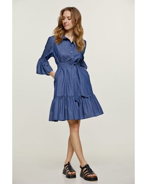 Denim Jurk met Klokmouwen en Ruches