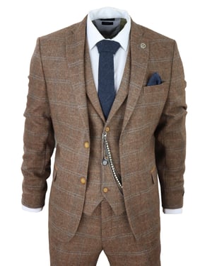 Heren 3-Piece Wollen Pak Eikenbruin Tweed Visgraat Ruit Peaky Blinders Gatsby