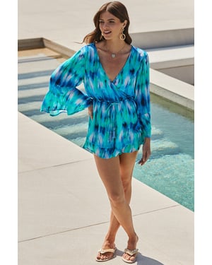 Blue Watercolour Print Fluted Sleeve Ruffle Hem Playsuit