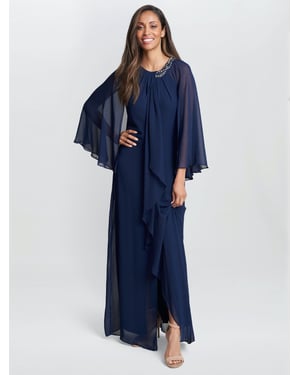 Polly Maxi Halter Neck Dress With Embellishment And Capelet Sleeves