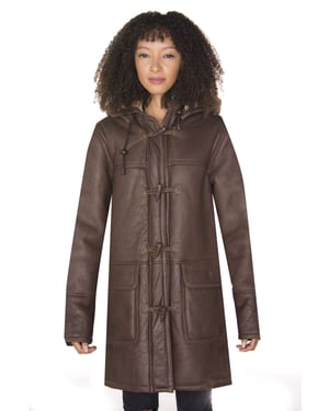 Womens Brown Hooded Sheepskin Leather Duffle Coat-Charlotte