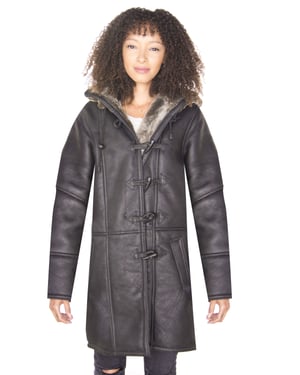 Womens Black Shearling Hooded Duffle Coat-Lille