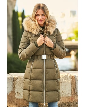 Khaki Faux Fur Trim Luxe Longline Padded Coat