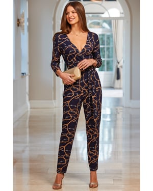 Navy Blue Chain Print Wrap Front Tapered Leg Jumpsuit