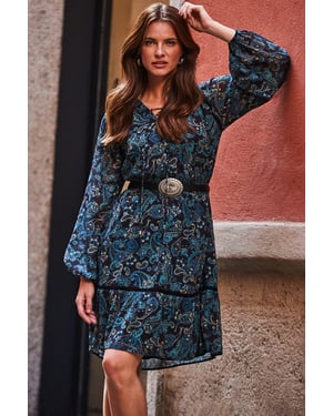 Navy Blue Paisley Print Fit & Flare Dress