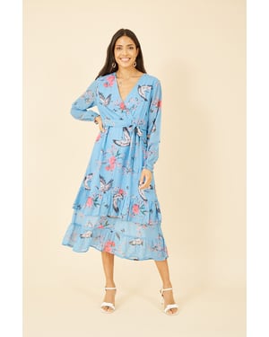 Blue Crane Print Long Sleeve Wrap Midi Dress
