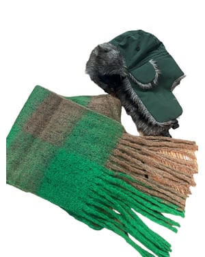 Khaki Trapper & Brown Green Check Scarf Set - Mens