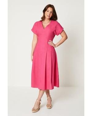 Linen Blend Pleat Detail Midi Dress