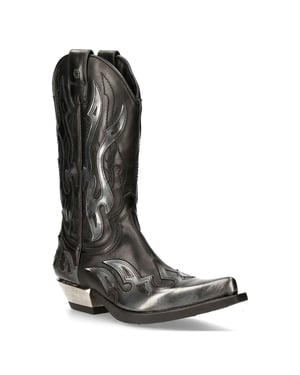 New Rock Flame geaccentueerde zwart/zilver lederen biker cowboylaarzen - M-7921-S3