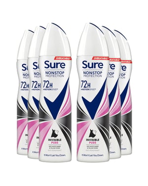Sure Women Anti-Perspirant 72H Nonstop Protection Deo Invisible Pure 150ml, 6pk