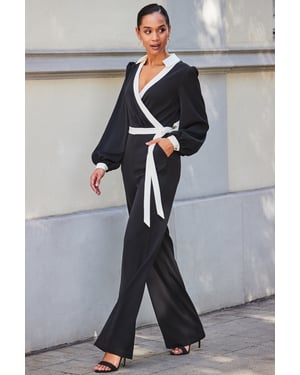 Black & White Contrast Trim Wrap Front Jumpsuit