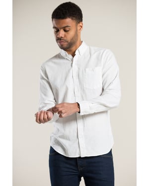 White Linen Blend Long Sleeve Button-Up Shirt With Chest Pocket