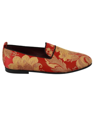 Dolce & Gabbana Mannen Rood Goud Brokaat Slippers Loafers Schoenen