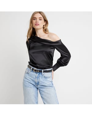 River Island Womens Blouse Black Satin Off Shoulder