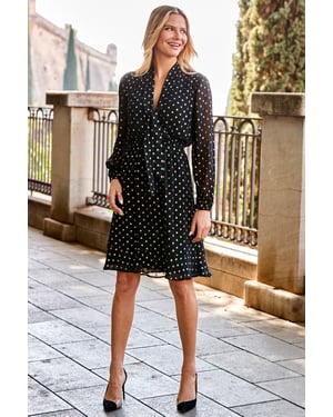 Black & Gold Metallic Spot Print Tie Neck Dress