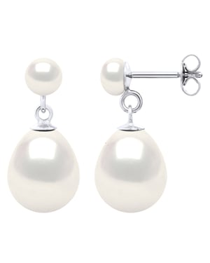 Double Earrings White Gold - Real Cultured Freshwater Pearls Button 5-6 mm + Pear 10-11 mm