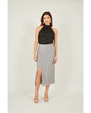 Silver Sequin Fitted Skirt With Front Slit