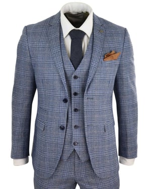 Mens 3 Piece Blue Grey Tweed Check Vintage Retro Suit