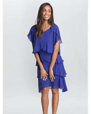 Trysta Bugle Beaded Trim Tiered Cocktail Dress With Flitter Sleeves