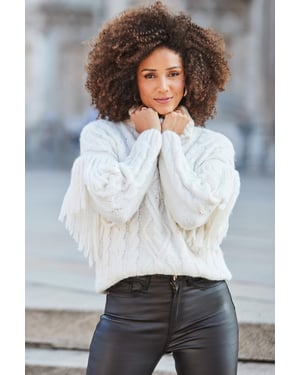 Cream Fringe Detail Roll Neck Cable Jumper