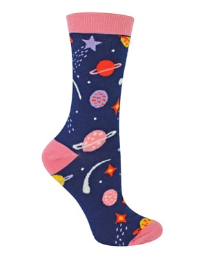Miss Sparrow - Ladies Breathable Solar System Pattern Bamboo Socks - Space (Navy)