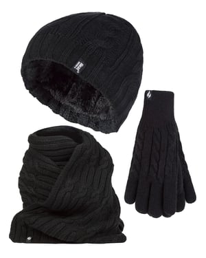 Ladies Knitted Hat Scarf & Gloves Set | Heat Holders | Womens Fleece Lined Thermal Cold Weather Set for Winter - Black